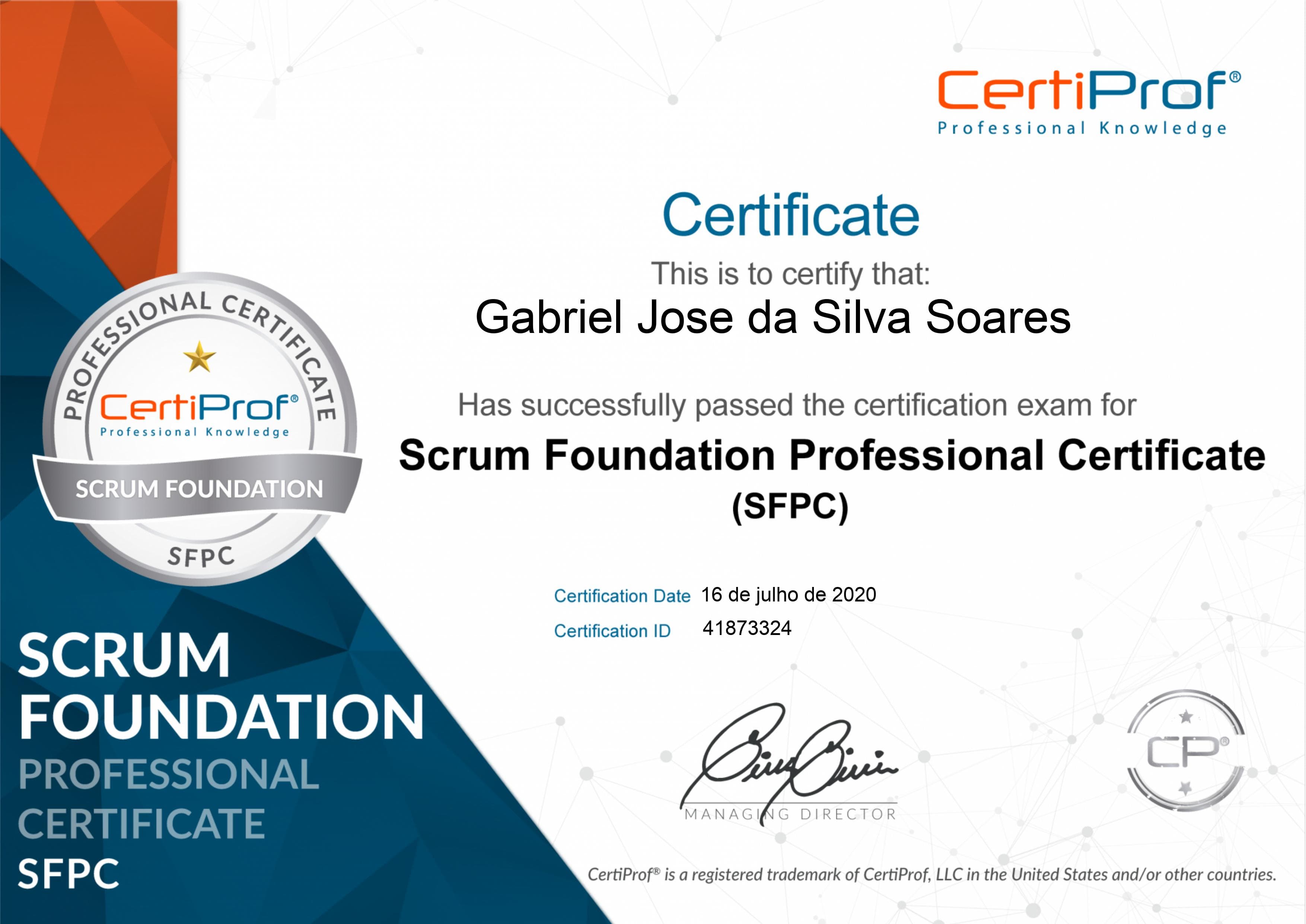 Certificado Scrum Foundation Professional Certificate emitido pela CertiProf