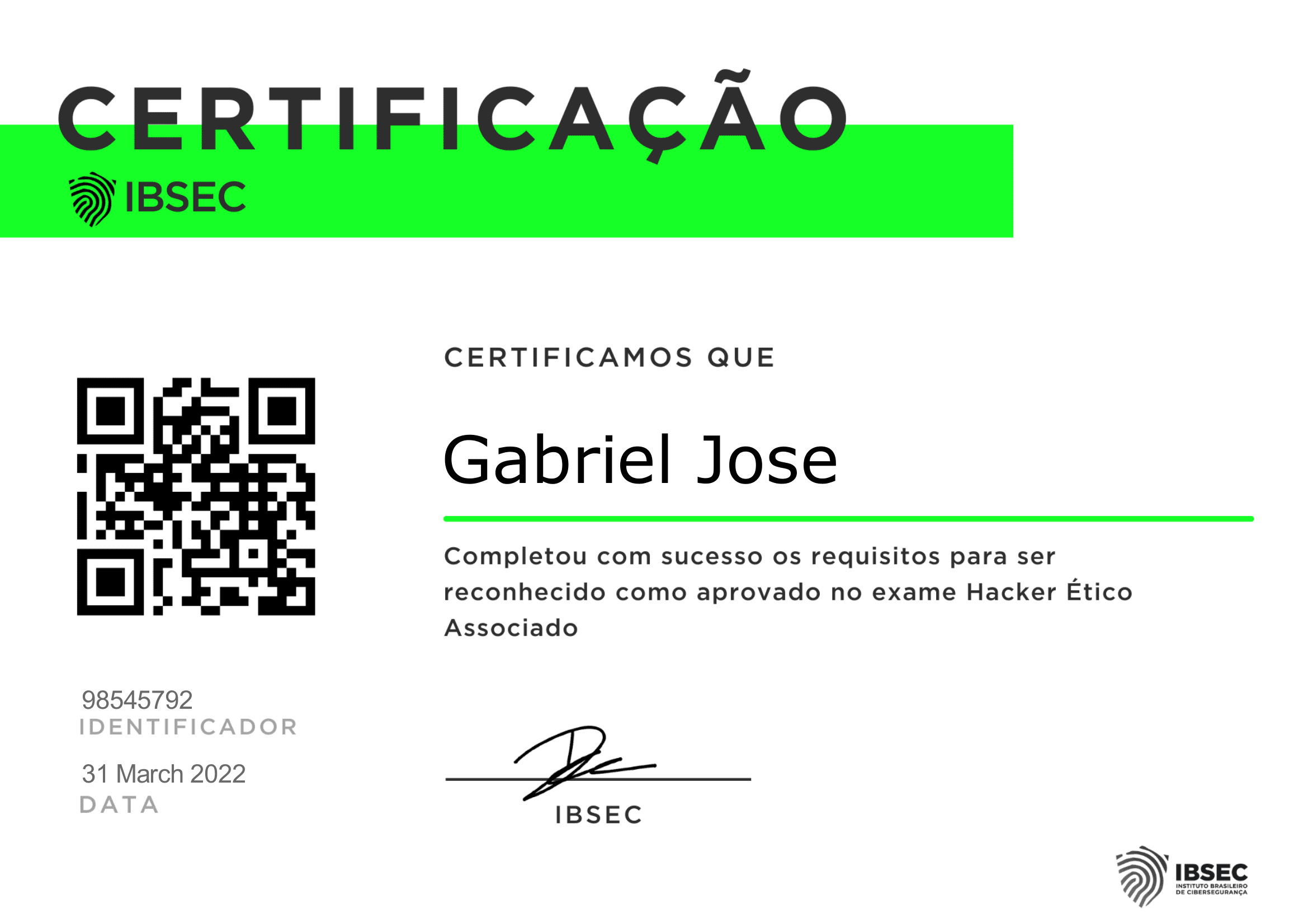 Certificado IBSEC Hacker Ético Associado