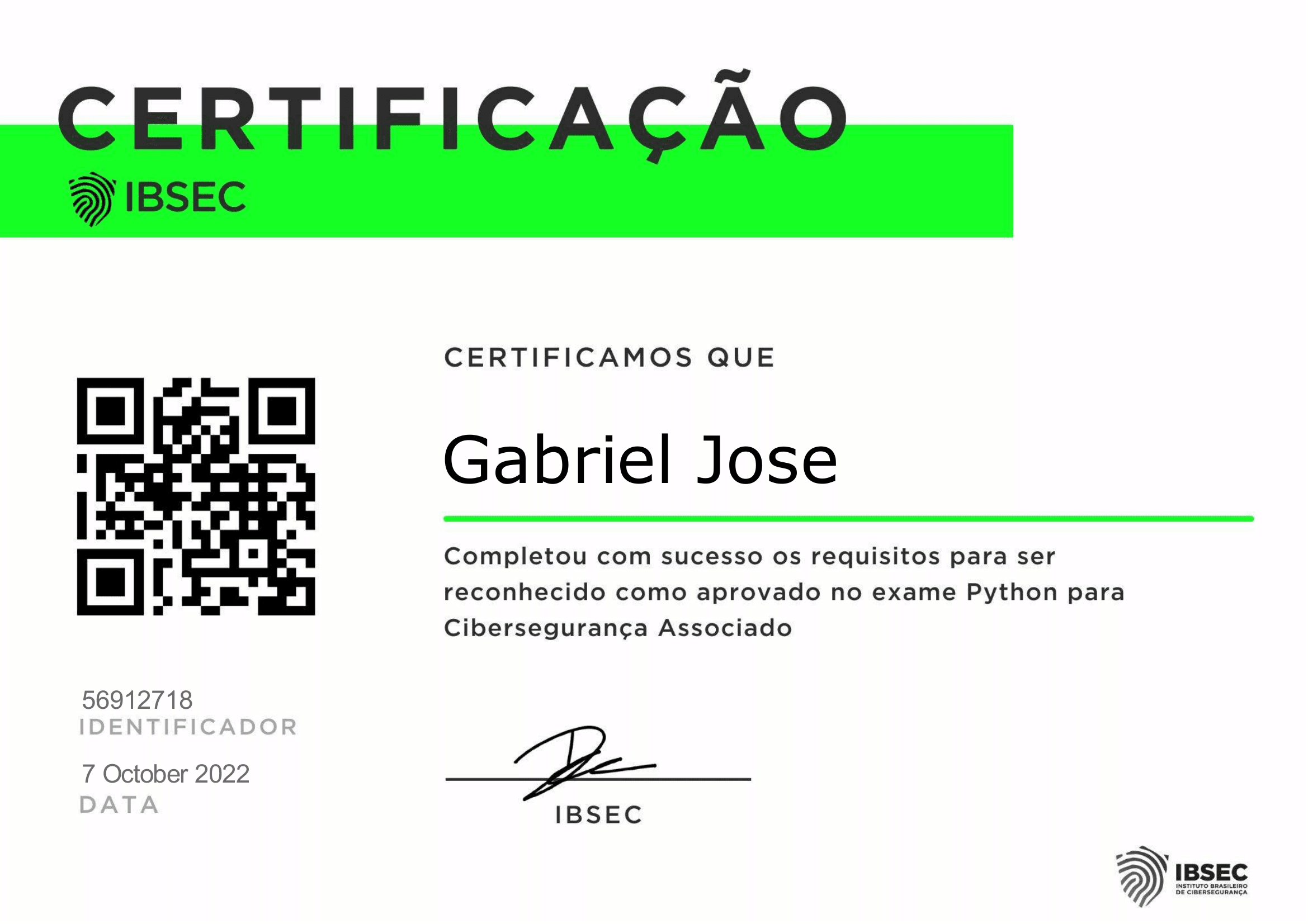 Certificado IBSEC Python para Cibersegurança Associado
